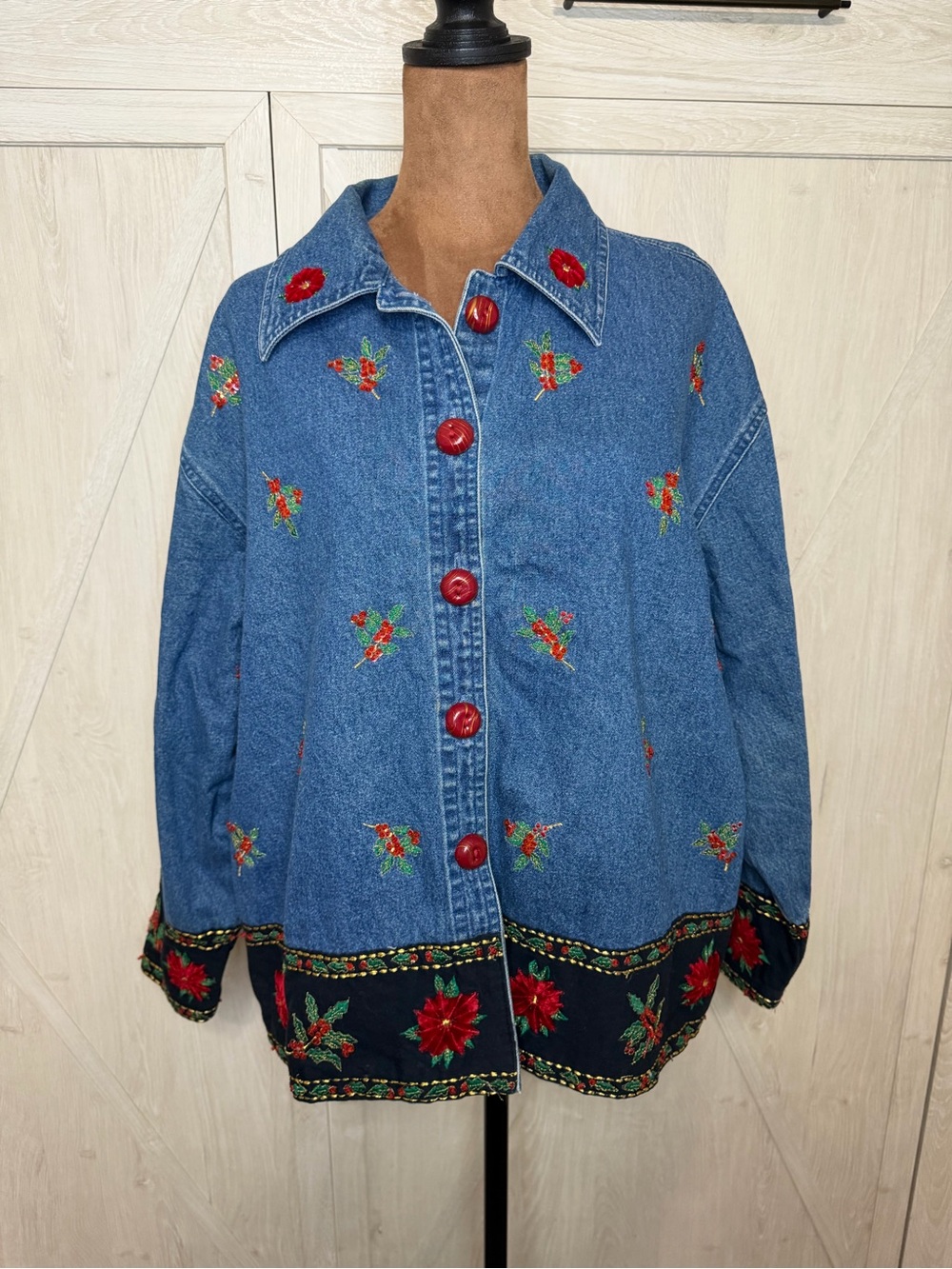 Vintage Denim button up Shirt with Red Poinsettia Trim - Christmas Top